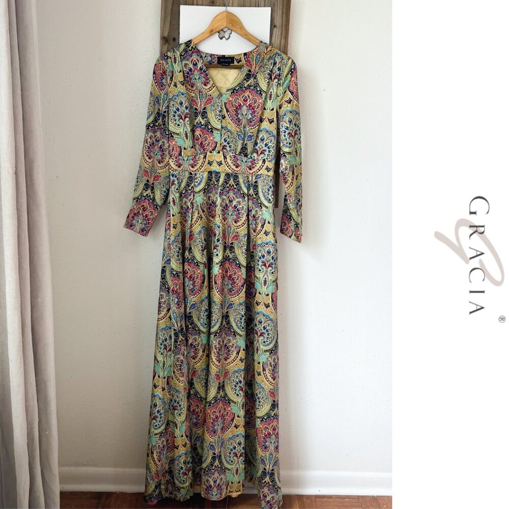 Gracia Patterned Longsleeve Colorful Surplice V-Neck Maxi Dress